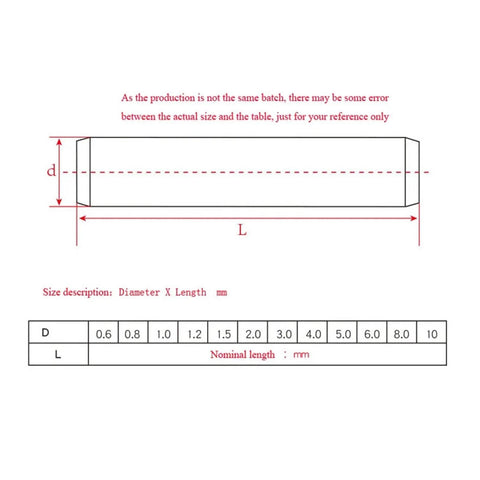 Diagram showing dimensions of Stainless Steel Dowel Pins Set 1.5 To 6mm With Five To Twenty Pieces Durable 304 Grade Location Pins for woodworking.