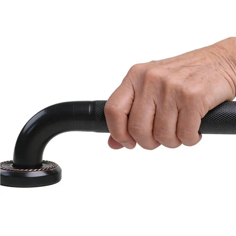 Close-up of hand gripping the Heavy Duty 12 Inch Textured Grab Bar For Bathtub And Shower With Oil Rubbed Bronze Finish.