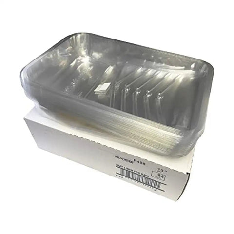 Deep Well Tray Liner 3 Quart Capacity Pack of 24 Fits R405 Tray Crack Resistant Clear PET Recycled Plastic stacked on box