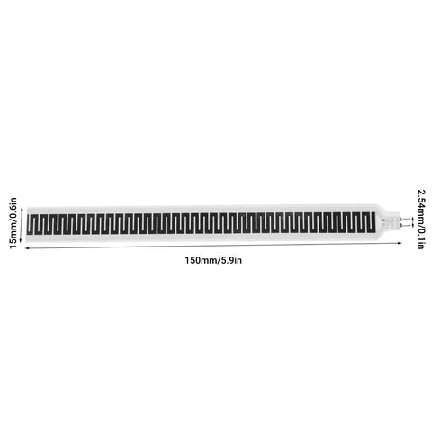 Front view of SF15-150 thin-film pressure sensor strip, 150 mm long by 15 mm wide, with black zigzag sensing grid.