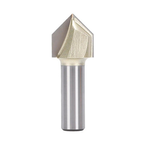 Solid 1/2 Inch Shank 90 Degree V Groove Router Bit Made With Tungsten Carbide for cutting MDF plywood woodwork and soft metal projects.
