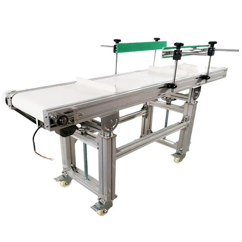 PVC Flat Belt Conveyor With Aluminum Frame Heavy Duty 59x11.8 Inch Industrial Transport Belt System 110V 120W Adjustable Speed Double Guardrails