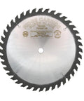 Pro Grade Ten Inch Table Saw Blade With Forty Carbide Teeth And Flat Top Grind Slices Through Hardwood Like Butter Plus Fifteen Degree Hook Angle Five Eighth Inch Arbor, close-up view of the blade.