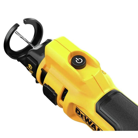 Close-up of 20V Max XR Brushless Drywall Cutout Tool Tool Only No Wrench Bit Changes LED Light 26,000 RPM for Fast Smooth Cuts Ideal For Pro DIYers And Renovations Built For Long-Lasting Tough Jobs DCE555B showing drill bit and power button.