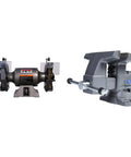 Eight Inch Bench Grinder With Wire Wheel And Knockout Reversible Bench Vise One Horsepower Shop Ready Combo with heavy duty gray metal construction.