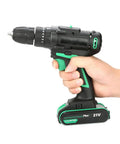 Professional Grade Heavy Duty Badass Cordless Drill 21V Electric Power Tool 45Nm Direction Reversible Switch US Plug 110V held in hand.