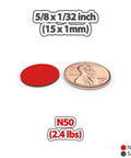 Front view: red 15x1 mm round magnetic disc; 100-pack magnets for crafts