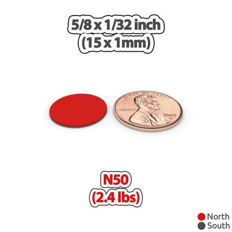 Front view: red 15x1 mm round magnetic disc; 100-pack magnets for crafts