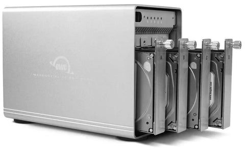 Rock Solid 10Gb Usb C Raid Storage Enclosure showcases four drive bays, silver metal design, ideal for heavy workloads on Mac or Windows.
