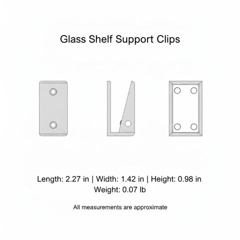Diagram of Glass Shelf Clips for Cabinets and Displays showing dimensions and design for aluminum alloy mounting hardware.