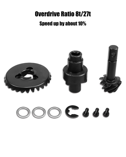 Image of 8T/27T RC Heavy Duty Steel Overdrive Bevel Gear Set For Capra SCX10 II III, including gear and small components, enhancing crawl power.