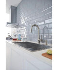 Modern kitchen with stainless steel faucet and tiled backsplash, featuring sleek design and contemporary style in a bright setting.