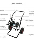 Detailed diagram of Totally Rock Solid Heavy Duty Garden Hose Reel Cart parts: handle, wheels, brackets, and supports.