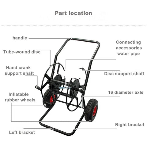 Detailed diagram of Totally Rock Solid Heavy Duty Garden Hose Reel Cart parts: handle, wheels, brackets, and supports.