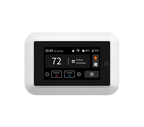 WiFi Smart Thermostat With One Remote Sensor for auto temperature adjust, touch display showing 72 degrees, C wire required.