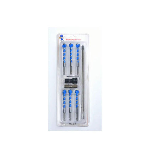 Pro Grade Ten Piece Forstner Drill Bit Set Cuts Slick Clean Holes In Wood And Tile Straight Up No Frills Heavy Duty Carbide Reinforced Alloy Steel Sized Sixteen To Twenty Five Millimeters Vibrant Blue in packaging.