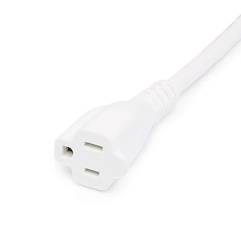 Close-up of Indoor 15 Foot 3 Prong Extension Cord 125V 13A White 2 Pack With 16 AWG Plug And Play Power Cable end.