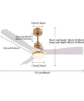 Ceiling Fan Light 48 Inch with Remote 6 Speeds 3000-6500K for Bedroom, featuring gold finish and white blades with size details.