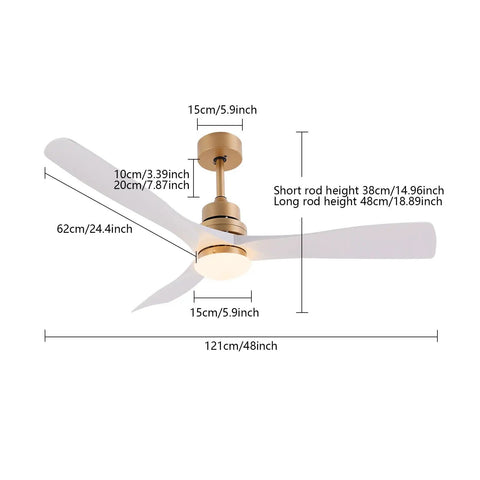 Ceiling Fan Light 48 Inch with Remote 6 Speeds 3000-6500K for Bedroom, featuring gold finish and white blades with size details.