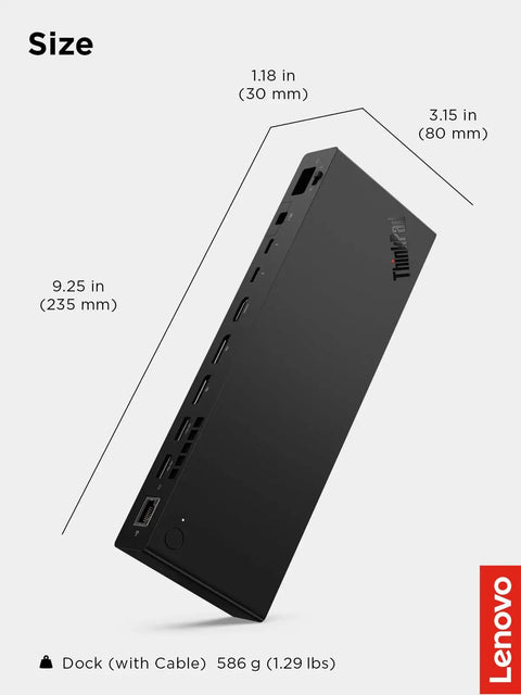 Side view of Plug And Play Thunderbolt 5 Docking Station Boasting 180W Output For Smooth Triple 8K Displays And Snappy Data Transfers For High Performance Workstation Setups Black with size dimensions.