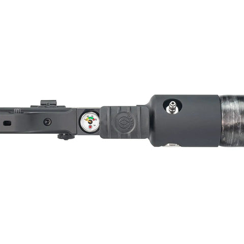 Pressure gauge detail of Factor RC PCP Air Rifle 22 Caliber With Side Lever Repeater QuietEnergy Silencer Ambidextrous Cocking Quattro