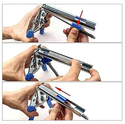 Nail Ring Pliers Kit With Stainless Snap Ring Pliers And 1200 Galvanized Nails For Hog Rings Fence Chicken Coop Poultry Wire Mesh Garden Cages Easy One Handed Quick Install And Durable DIY Tool Set shown in use