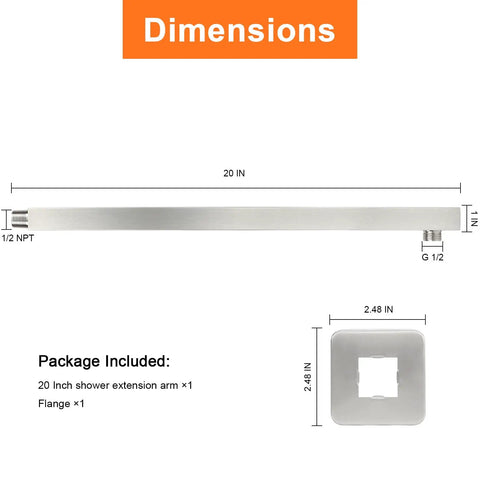 Heavy Duty 20 Inch Shower Arm Extension For Rain Shower Head With Flange And Teflon Tape Thick Stainless Steel Brushed Nickel Finish Anti Rust Durable Bathroom Upgrade dimensions display