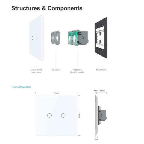 Exploded view of Wall Touch Light Switch No Neutral 2-Gang With White Tempered Glass Panel showing components and technical parameters.