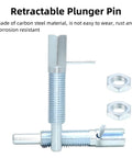 Four Pack M12 Retractable Indexing Plunger Pins Crafted From Heavy Duty Carbon Steel With Rock Solid Spring Loaded Latches And Easy Pull L Shaped Handles For Reliable Job Site Use with two nuts.