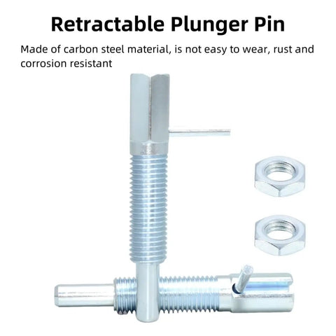 Four Pack M12 Retractable Indexing Plunger Pins Crafted From Heavy Duty Carbon Steel With Rock Solid Spring Loaded Latches And Easy Pull L Shaped Handles For Reliable Job Site Use with two nuts.
