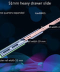 51mm heavy drawer slide three sections extended with labeled dimensions including load capacity, inner, middle, and outer rails.