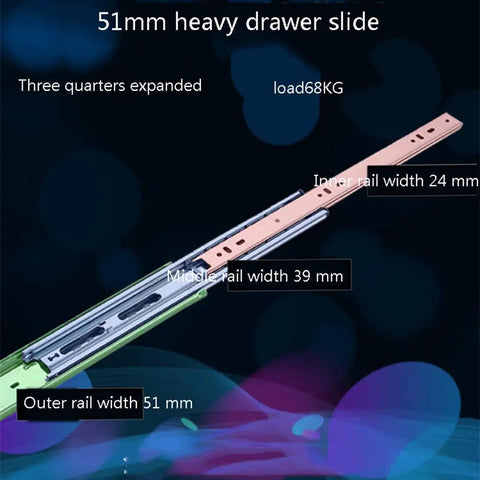 51mm heavy drawer slide three sections extended with labeled dimensions including load capacity, inner, middle, and outer rails.