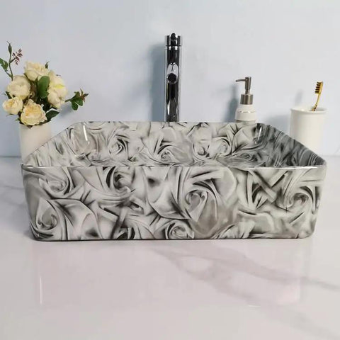 USZWBY Vessel Sinks Bathroom Vessel Sink Hotel Art Wash Basin Marble Pattern Ceramic Bathroom Bowl Sink with floral design.