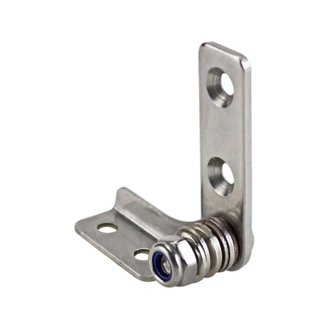 Close-up of stainless steel damping hinge with adjustable torque; vertical mounting plate and pivot damper