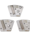 Three Pack Trapezoidal Diamond Grinding Discs 2 x 1/4 PCD Bar Mount for epoxy, mastic, paint removal on concrete floors.