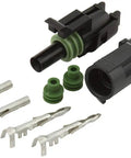 Get The Ultimate 1-Wire Weather Pack Connector Kit With Male And Female Terminals For 14 To 16 Gauge Wire Plus Seals For 18 To 20 Ga Wires Perfect For Any Serious Racing Build You're Running Today. Weather Pack connector kit with black housings, green seals, and metal terminals on white background