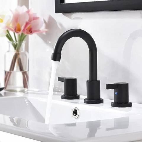 Matte Black Bathroom Sink Faucet With Widespread 8 Inch 3 Hole Vanity Fit, 360 Degree Swivel Spout, Pop Up Drain And Water Supply Lines Included