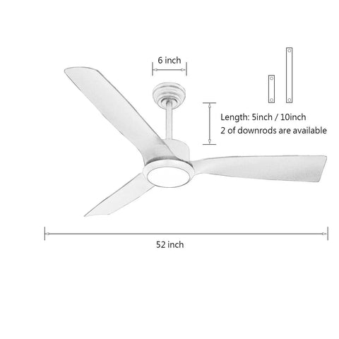 52 Inch White Ceiling Fan With Light And Remote Energy Efficient 120V DC Motor Dimmable LED Light Six Speeds Quiet Operation Perfect For Bedroom Or Outdoor Patio Modern Chill Design, showing dimensions and downrod options.