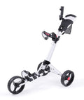 Lightweight Aluminum Golf Push Cart Foldable Three Wheel Trolley With Adjustable Handle shown from side with three wheels and brake system.