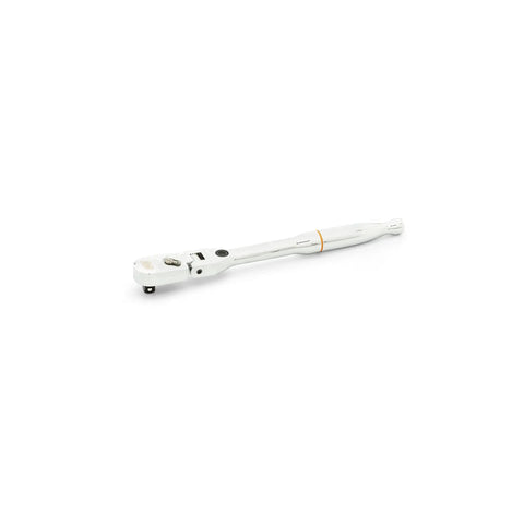 Side view of Quarter Inch Drive Locking Flex Head Ratchet With 60 Tooth Gear And Nine Position Push Button Lock And Compact Head Design Built For Tight Spots And A Full Polish Grip For Comfort And Control