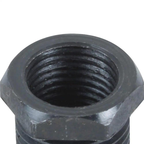 Close-up of a threaded black shaft adapter sleeve converter for transitioning one half to five eighths inches.
