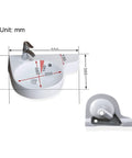 Premium Wall Mounted Corner Bathroom Vessel Sink In Crisp White Ceramic, smooth 55X38.5Cm basin with faucet holes and dimensions.