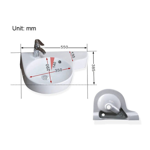 Slick White Ceramic Corner Vessel Sink For Small Bathrooms Wall Mounted Basin With Dual Faucet Holes Modern Space Savvy Vanity Refresh Fresh Bathroom Decor Vibe, dimensions shown.