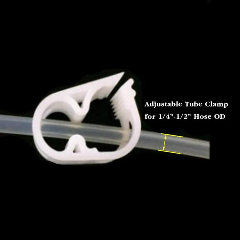 Premium Plastic Tube Clamps For 1/4 To 1/2 Inch Tubing, close-up of adjustable flow control hose clip in use on tubing