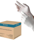 Top Notch Latex Disposable Gloves With Corn Starch Powdered Finish For Food Handling And Light Industrial Chores Smooth As Butter X Large Bulk Case Of 1000 hands wearing white latex gloves next to a box.
