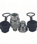 Front view of LX-KZE-B-02 1/4 inch NPT hydraulic quick-connect set with chrome fittings and two dust caps