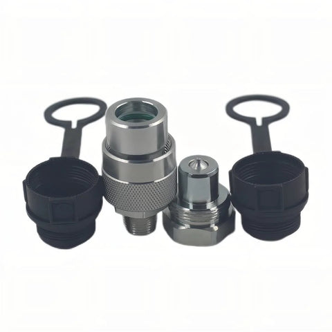 Front view of LX-KZE-B-02 1/4 inch NPT hydraulic quick-connect set with chrome fittings and two dust caps
