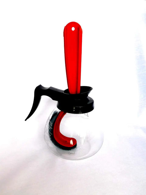 Heavy Duty Coffee Pot Cleaning Brush With Curved Stain Remover For Decanters shown with red handle inside clear coffee pot.