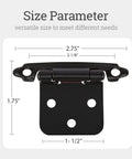 Heavy Duty Cabinet Hinges 8 Pack With Slick Self Closing Action And Surefire Half Inch Overlay Setup For No Fuss Kitchen Remodels In Solid Satin Black Steel dimensions showing 2.75" x 1.75" sizes.