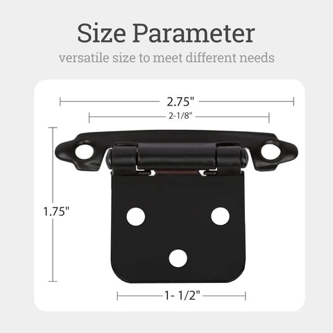 Heavy Duty Cabinet Hinges 8 Pack With Slick Self Closing Action And Surefire Half Inch Overlay Setup For No Fuss Kitchen Remodels In Solid Satin Black Steel dimensions showing 2.75" x 1.75" sizes.